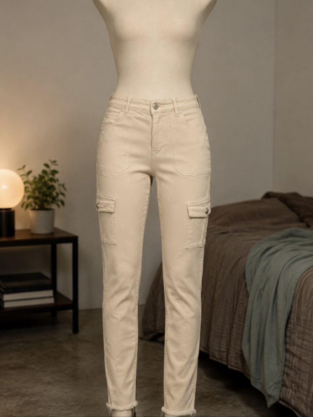 Free People Cream Cargo Ankle Jeans